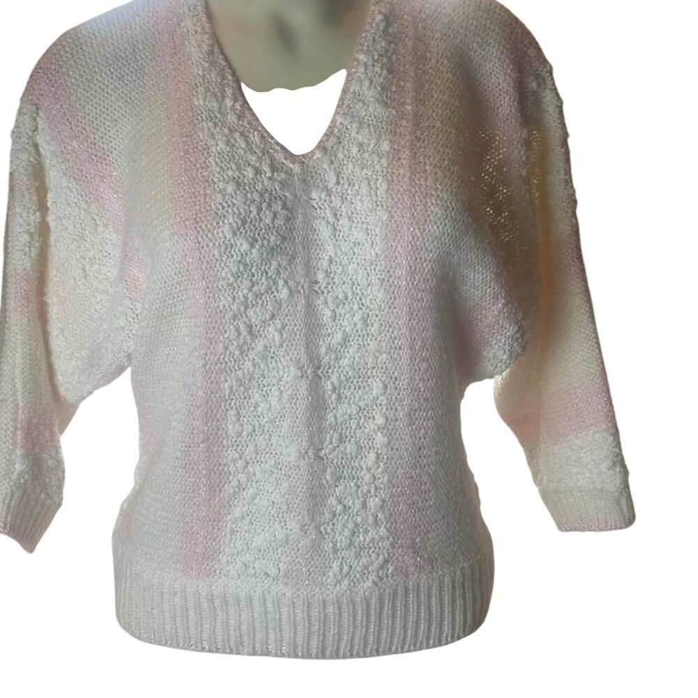 Vintage 80s Margules Petites Popcorn Knit Sweater Pink White V-Neck Medium